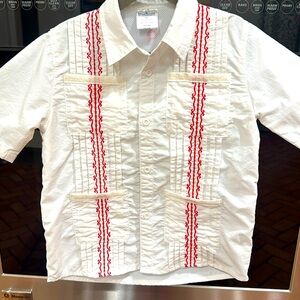 Blue Quail - Boys Guayabera- White & Red Short Sleeve Shirt - Size: 4T